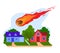 Meteor falling towards houses, neighborhood under threat from space. Disaster and emergency concept vector illustration