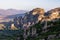 Meteora - Early morning aerial panoramic view during sunrise of the monasteries of Meteora, Greece