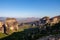 Meteora - Early morning aerial panoramic view during sunrise of the monasteries of Meteora, Greece