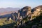 Meteora - Early morning aerial panoramic view during sunrise of the monasteries of Meteora, Greece