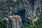 Meteora, Greece. Mountain scenery with Meteora rocks and Roussanou Monastery