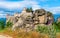 Meteora landscape with Varlaam monasteries and face sculpture