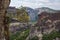 Meteora Monasteries Greece , valley and monasteries surrounded by dark cliffs