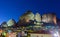 Meteora rocks and Kalabaka town at night
