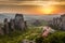 Meteora Roussanou Monastery at sunset, Greece