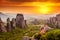 Meteora Roussanou Monastery at sunset, Greece