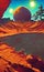 Meteorite crater, alien world`s landscape in retro scifi style