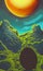 Meteorite crater, alien world`s landscape in retro scifi style