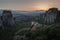 Meteors or Meteora, panoramic view from the plateau to the valley of Thessaly