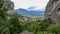 Meteors or Meteora, panoramic view from the plateau to the valley of Thessaly