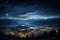 Meteors streak across the night sky over majestic mountains and city