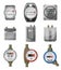 Meters counters. Electric power, gas, water meter vector cartoon set icon. Isolated symbol collection on white