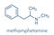 Methamphetamine crystal meth, methamfetamine stimulant drug molecule. Skeletal formula.