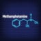 Methamphetamine glow neon style concept chemical formula icon label, text font vector illustration, isolated on wall background.