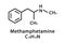 Methamphetamine molecular structure. Methamphetamine skeletal chemical formula. Chemical molecular formula vector