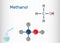 Methanol, methyl alcohol, molecule. Sugar substitute and E951. Structural chemical formula and molecule model