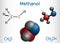 Methanol, methyl alcohol, molecule. Sugar substitute and E951. Structural chemical formula and molecule model