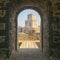 Methoni, Greece 9 August 2017. Methoni castle framed from a door