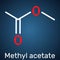 Methyl acetate, methyl ethanoate molecule. It is acetate ester, solvent. Structural chemical formula on the dark blue background