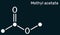 Methyl acetate, methyl ethanoate molecule. It is acetate ester, solvent. Structural chemical formula on the dark blue background