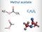 Methyl acetate, methyl ethanoate molecule. It is acetate ester, solvent. Structural chemical formula and molecule model