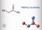 Methyl acetate, methyl ethanoate molecule. It is acetate ester, solvent. Structural chemical formula and molecule model. Sheet of