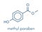 Methyl paraben preservative molecule. Skeletal formula.