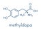 Methyldopa high blood pressure hypertension drug molecule. Skeletal formula.