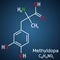 Methyldopa molecule. Antihypertensive, antihypertensive, sympatholytic agent. It is an analog of DOPA. Structural chemical formula