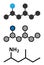 Methylhexanamine dimethylamylamine, DMAA stimulant molecule. Stylized 2D renderings and conventional skeletal formula