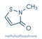 Methylisothiazolinone MIT, MI preservative molecule, chemical structure. Often used in water-based products, e.g. cosmetics..