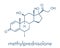 Methylprednisolone corticosteroid drug molecule. Skeletal formula.