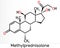 Methylprednisolone molecule. It is synthetic corticosteroid, prednisolone derivative glucocorticoid. Skeletal chemical formula