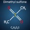 Methylsulfonylmethane, MSM, methyl sulfone, dimethyl sulfone molecule.Structural chemical formula, dark blue background.