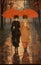 Meticulous Portraiture: Two Women Walking Under Umbrellas In Vibrant Orange