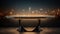 A meticulously crafted empty table radiates sophistication, contrasting a blurred city background