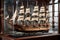 A meticulously crafted model ship in a glass display case, capturing intricate details of a historic vessel