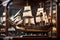 A meticulously crafted model ship in a glass display case, capturing intricate details of a historic vessel