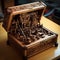 Meticulously Crafted Wooden Box with Miniature Robotic Arms