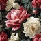 Meticulously detailed white and red peonies on black background (tiled)