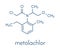 Metolachlor herbicide weed killer molecule. Skeletal formula.