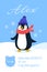 Metric baby girl poster with flat cartoon penguin, hand drawn Alex white name, calligraphy text. Time, date of the birth, weight