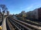 Metro Train U-Bahn Tracks going through Berlin next to Landwehrkanal and Houses in sunny spring weather with blue sky. Berlin