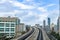 Metromover rails passing at height between modern buildings and skyscrapers