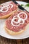 Mett on a bun (German cuisine; selective focus)