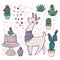 Mexican Alpaca Llamas and desert plants vector set. Cartoon lamaser and easter cactus with flowers illustration