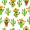 Mexican cactus seamless pattern. Cute cactus with guitar, sombrero, maracas