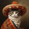 Mexican cat in sombrero and poncho on dark background AI generated Generative AI