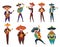 Mexican characters. Mariachi music band musicians in traditional dark clothes and sombreros playing on typical musical