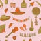 Mexican cinco de mayo carnival seamless pattern design. Fiesta holiday musical instruments, local food, decoration, tequila,